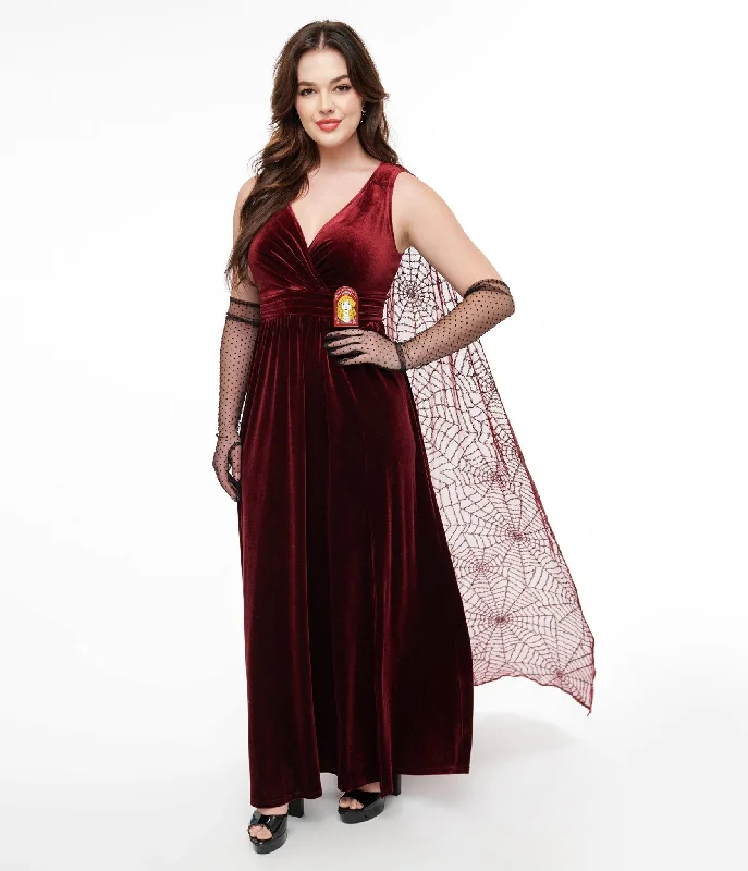 Disney Hocus Pocus Collection by Unique Vintage Burgundy Velvet & Spiderweb Sequin Cape Gown