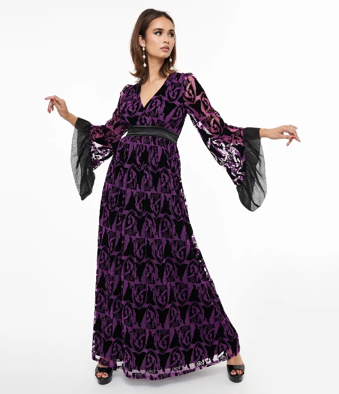 Disney Princess collection by Unique Vintage Purple & Black Velvet Burnout Maleficent Print Maxi Dress