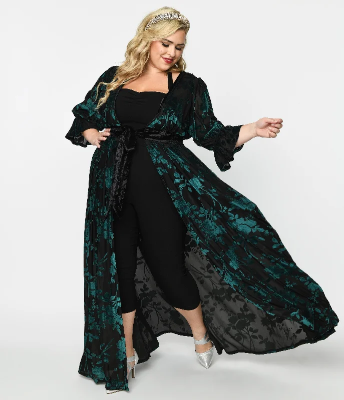 Unique Vintage Plus Size Black & Teal Floral Velvet Burnout Duster