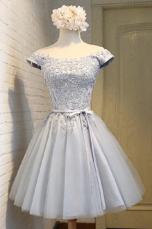 A-Line Off-the-Shoulder Short Sleeveless Grey Tulle Homecoming Dress PD139