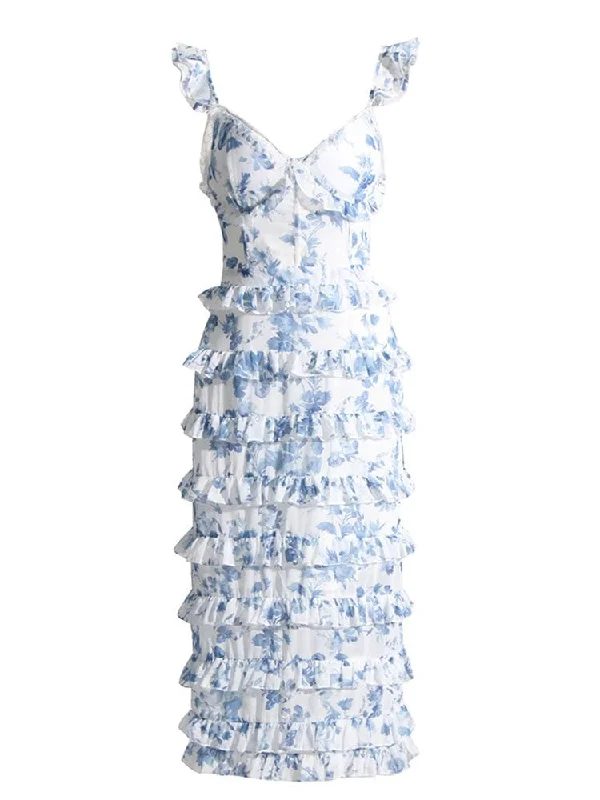 Abi V Neck Corset Midi Dress - Blue Floral