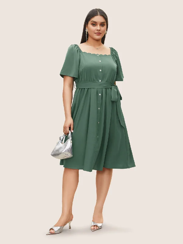 Anti-Wrinkle Square Neck Scalloped Trim Ruffle Sleeve Dress