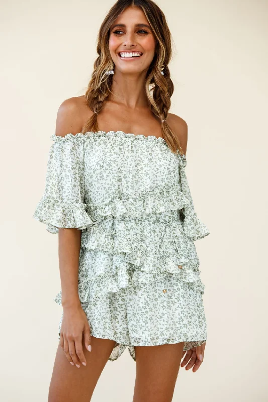 Astoria Bardot Neckline Frill Romper Floral Print Green