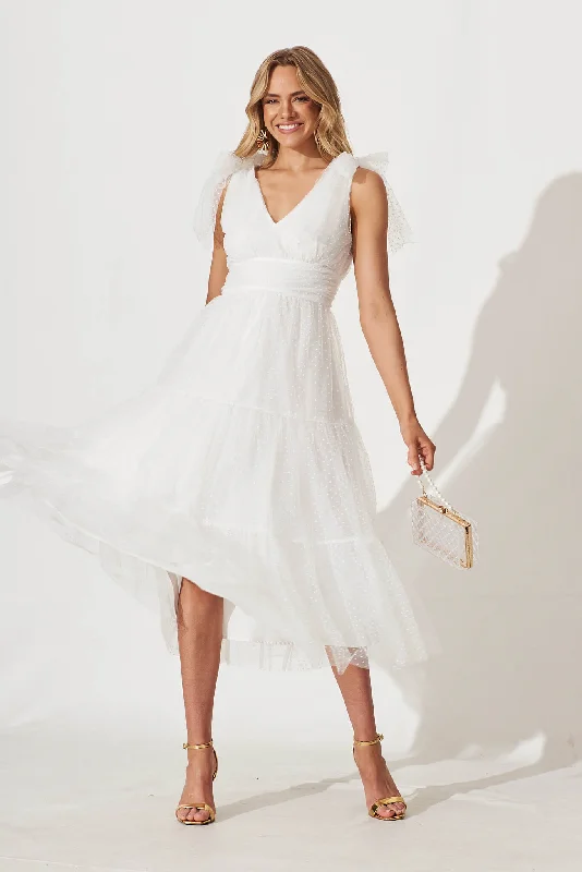 Aubrey Midi Dress In White Spot Tulle