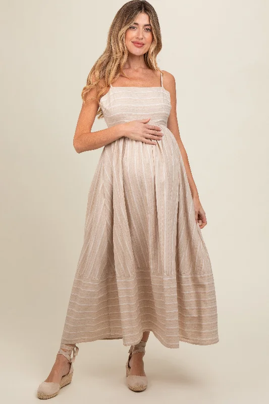 Beige Striped Cutout Back Maternity Maxi Dress