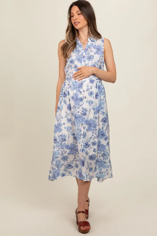 Blue Floral Printed Sleeveless Maternity Midi Shirt Dress