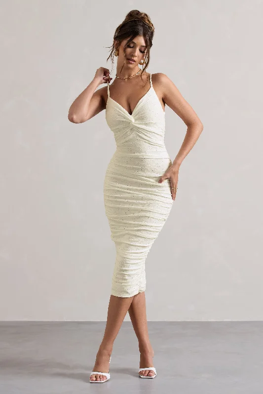 Cannes | White Broderie Knit Strappy Twist Midi Dress