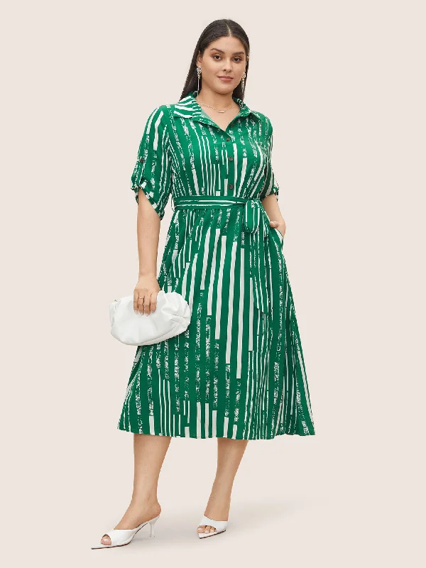 Geometric Shirt Collar Tab Sleeve Belted Dress