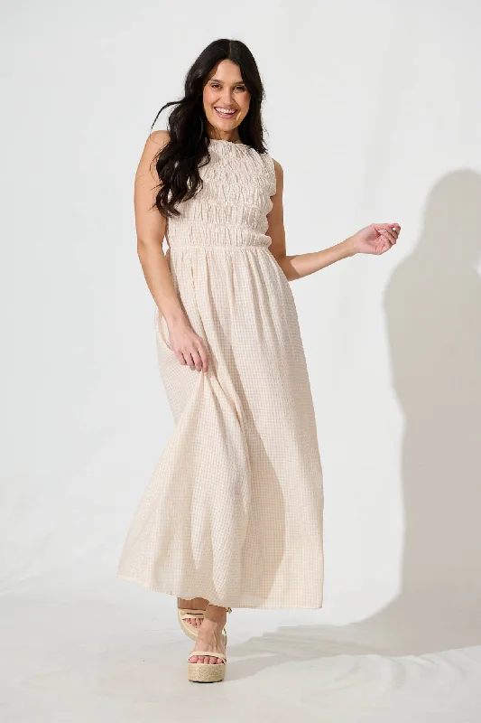 Ionia Maxi Dress in Beige and White Gingham