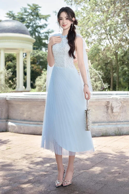 Jasmine Pleated Sleeveless Mesh Taffeta Midi Dress