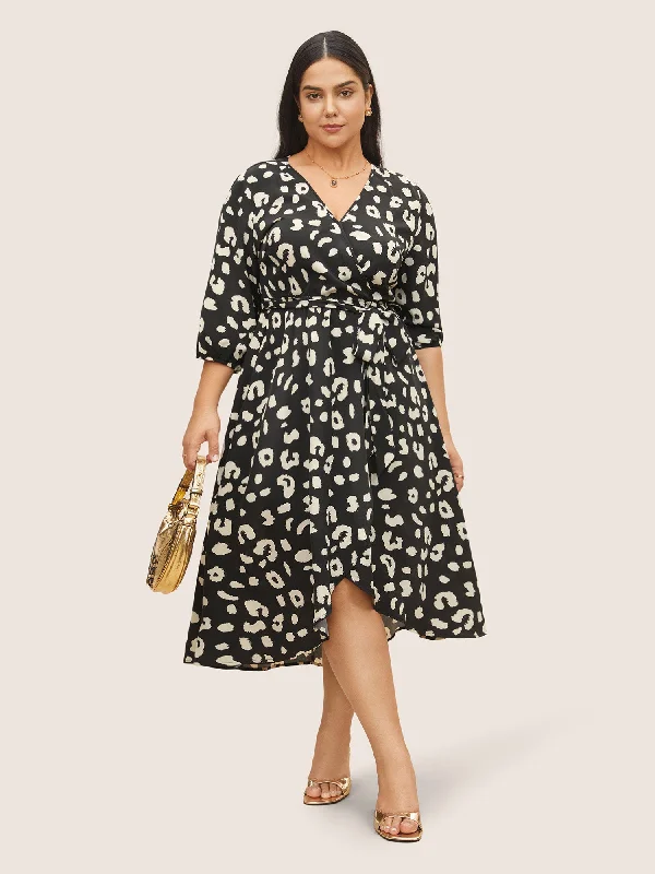 Leopard Overlap Collar Elastic Waist Belted Dress