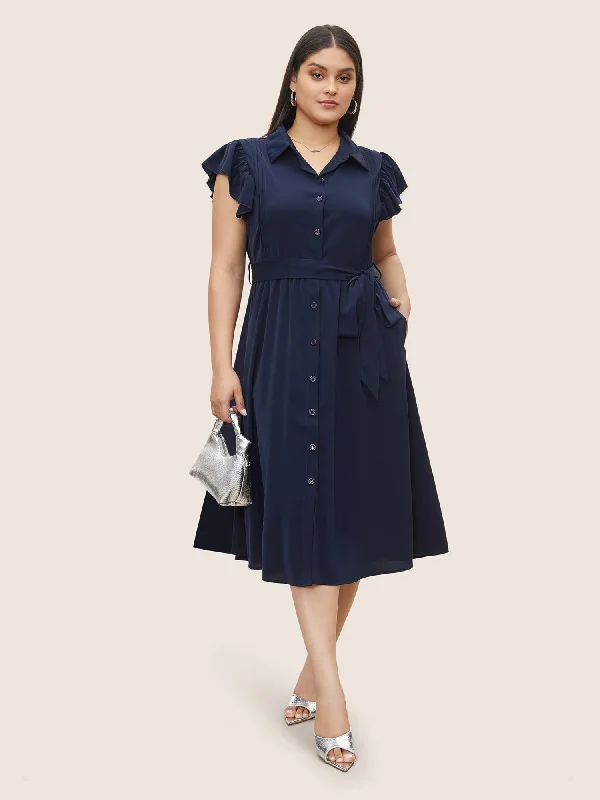 Plain Pleated Button Through Cap Sleeve Dress