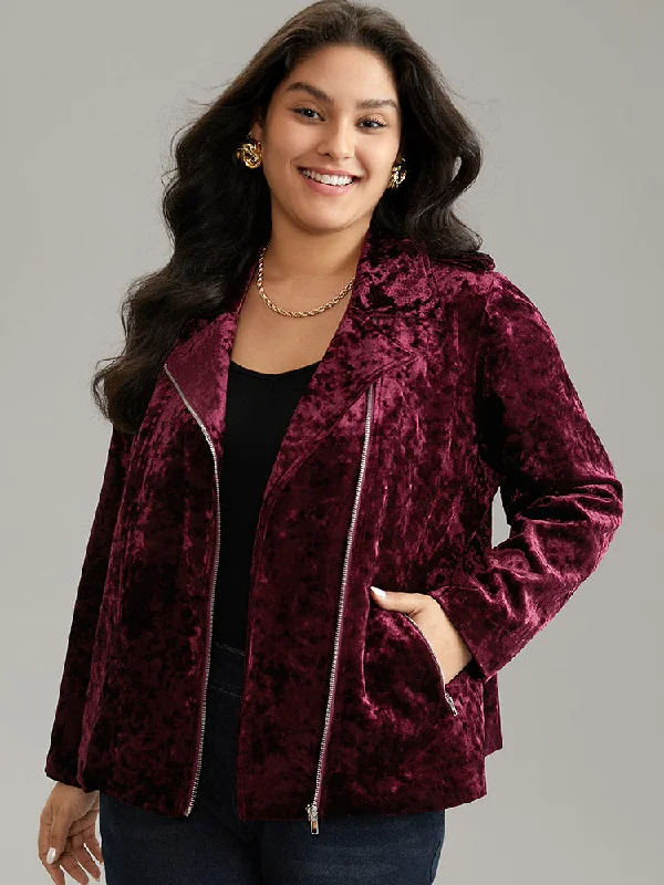 Plain Velvet Asymmetrical Zipper Jacket