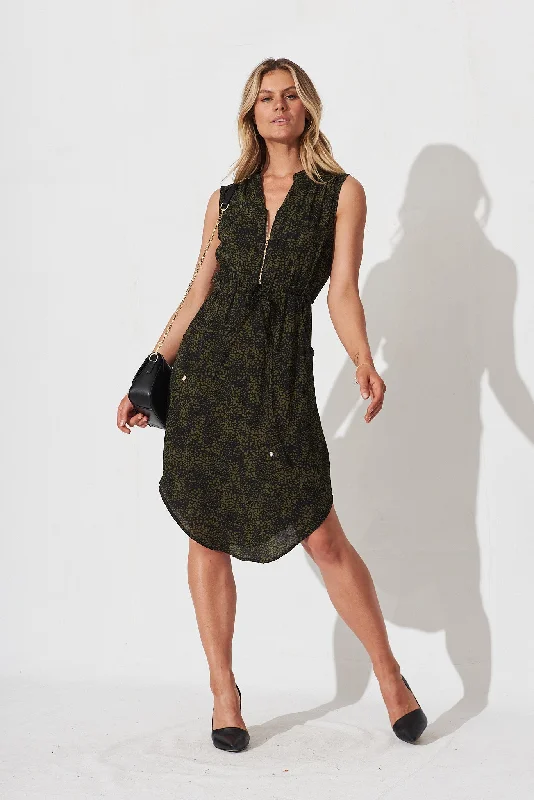 Shire Dress In Khaki With Black Print