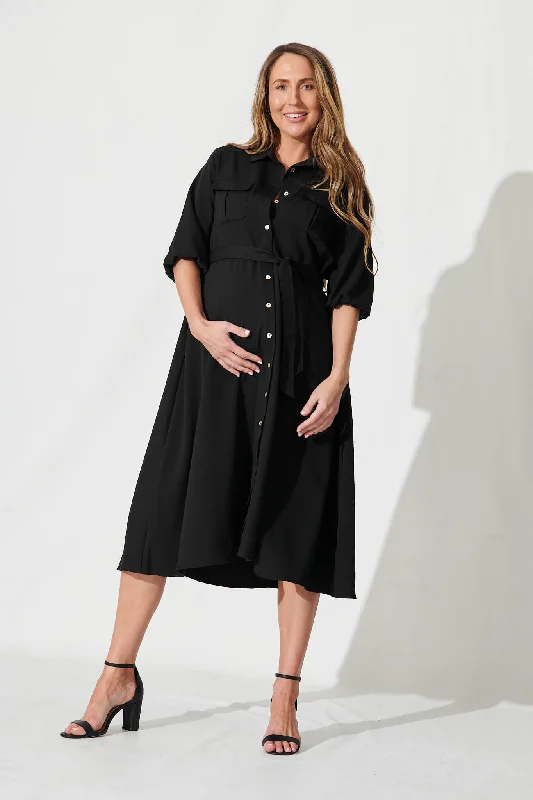 Sinatra Midi Shirt Dress In Black Cotton Blend