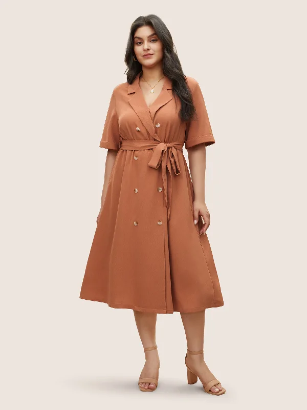 Suit Collar Solid Belted Button Up Dress