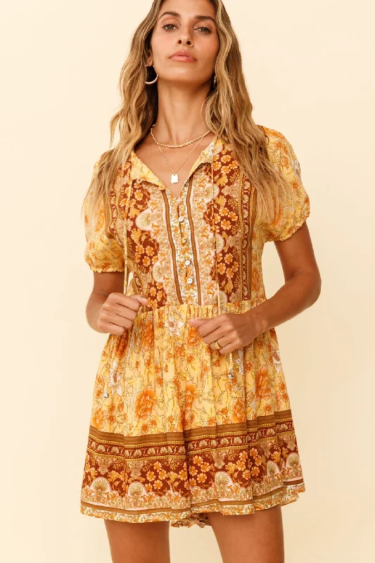 Time Flies Puff Sleeve T-Shirt Romper Boho Floral Print Yellow