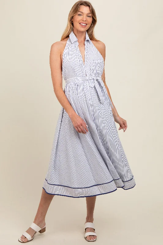 White Striped Halter Maternity Midi Shirt Dress