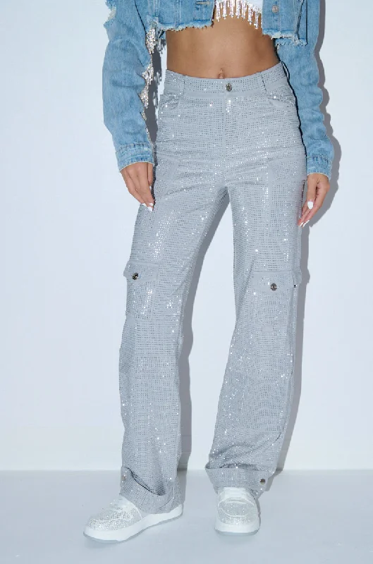 AMMO BONNE SOIREE RHINESTONE CARGO PANTS IN GREY