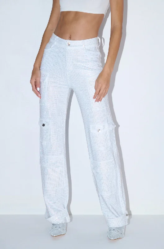 AMMO BONNE SOIREE RHINESTONE CARGO PANTS IN WHITE