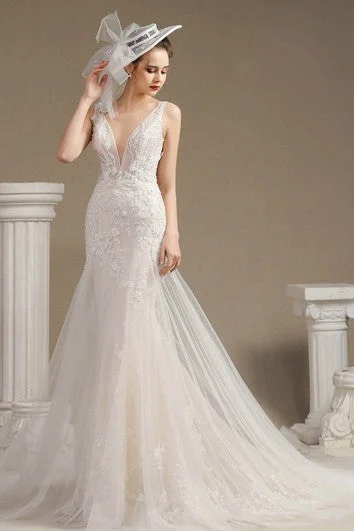 Illusion Plunging Mermaid Sleeveless Lace Open Back Wedding Dress With Appliques And Chapel Train