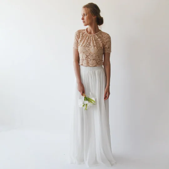 Wedding Dress Separates, Blush Lace Top, Ivory Chiffon Skirt #1380