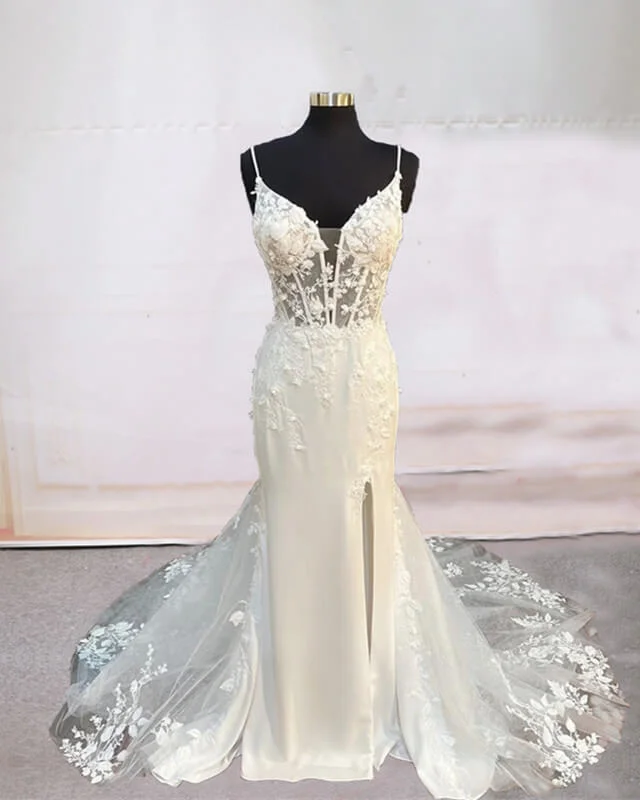 Mermaid V-neck Open Back Appliques Wedding Dress