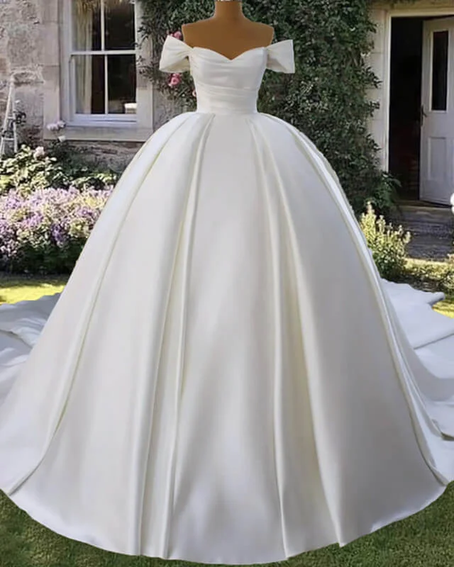 White Satin Off Shoulder Bridal Ball Gown Dress