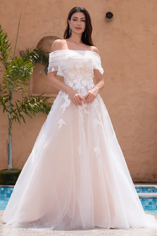 White A Line Off the Shoulder Tulle Lace Bridal Party Dress with Embroidery