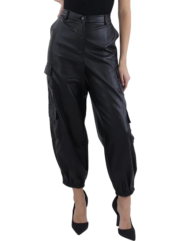 Womens Faux Leather Coated Cargo Pants