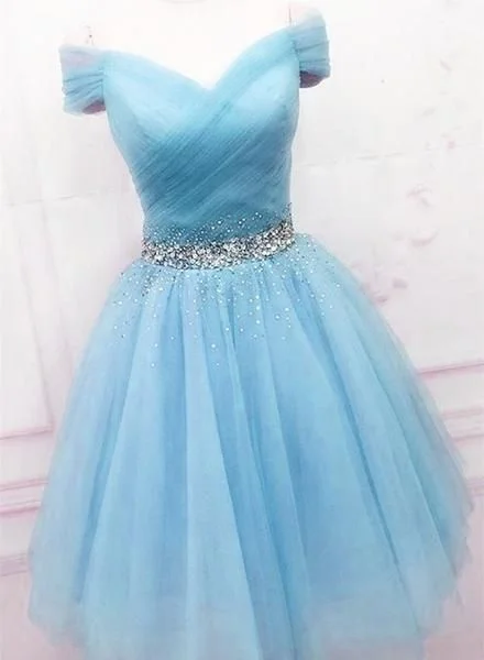 Light Blue Short Tulle Off the Shoulder Blue Formal Homecoming Dresses     cg22277