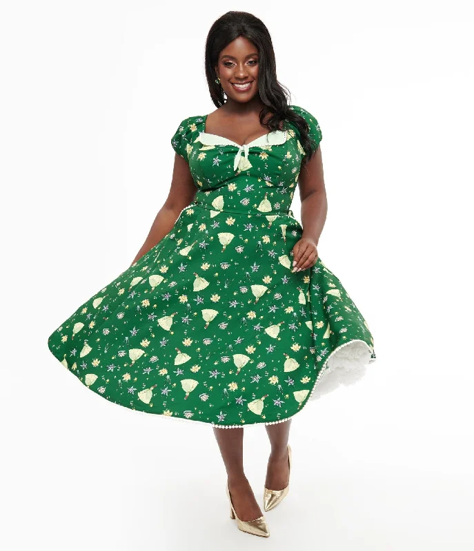 Disney Princess collection by Unique Vintage Plus Size Green Princess Tiana All Over Print Swing Dress