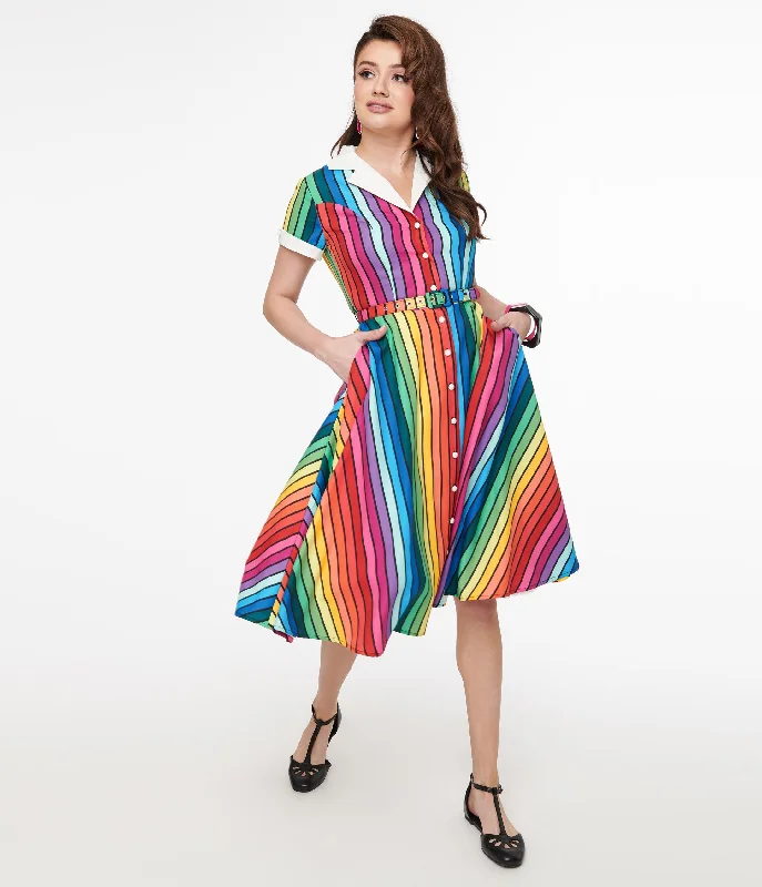 Unique Vintage 1950s Rainbow Stripe Pride Alexis Swing Dress