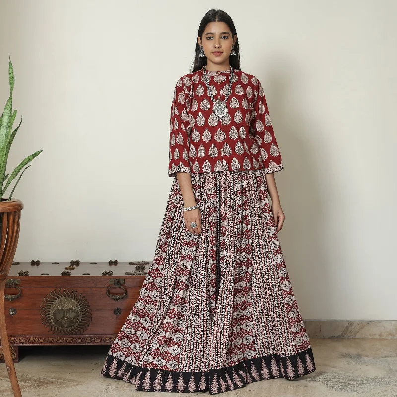 Red - Bagh Block Printed Patchwork Cotton Long Skirt