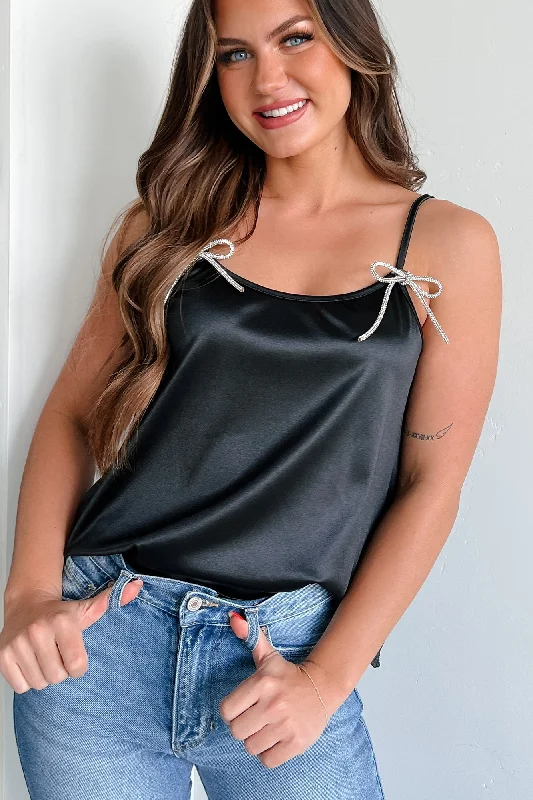 Add A Little Bling Satin Rhinestone Bow Tank Top (Black)