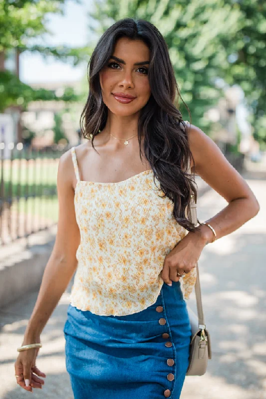 Go With Me Ivory And Mustard Plisse Floral Tank FINAL SALE