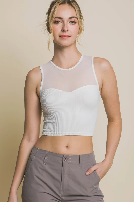 Hot Girl Ribbed Mesh Tank In White Short Sleeve Crop Top