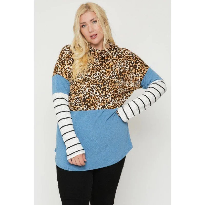 Plus Size Color Block Hoodie Featuring A Cheetah Print