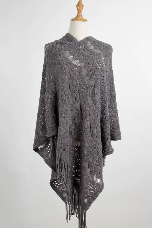 Fringe openwork poncho cape