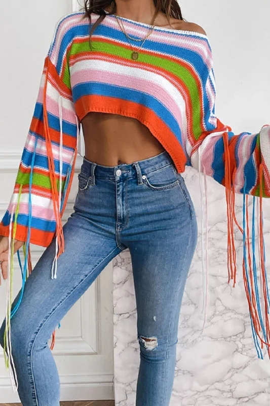 Chic striped fringe knit top