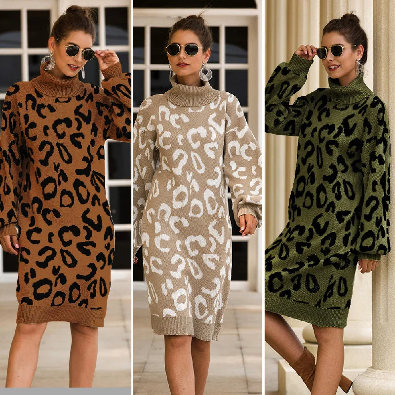 Hooded Leopard Print Loose Sweater Dress