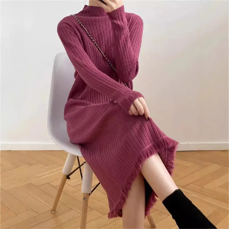 Mock Neck Sweater Mid-length Tassel Knitted Dress