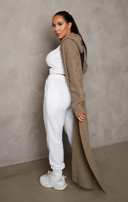 Pale Chocolate Knitted Long Sleeve Longline Hooded Cardigan - Emily