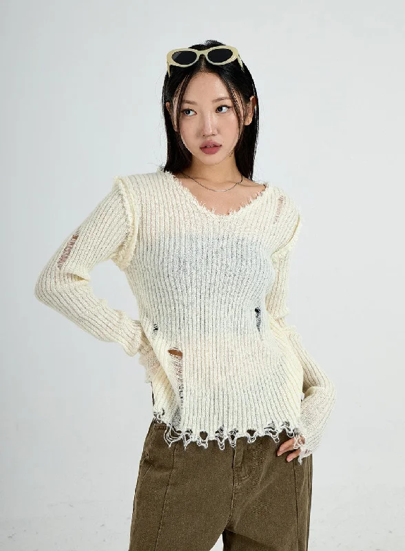 Ripped V-Neck Knit Top CO13