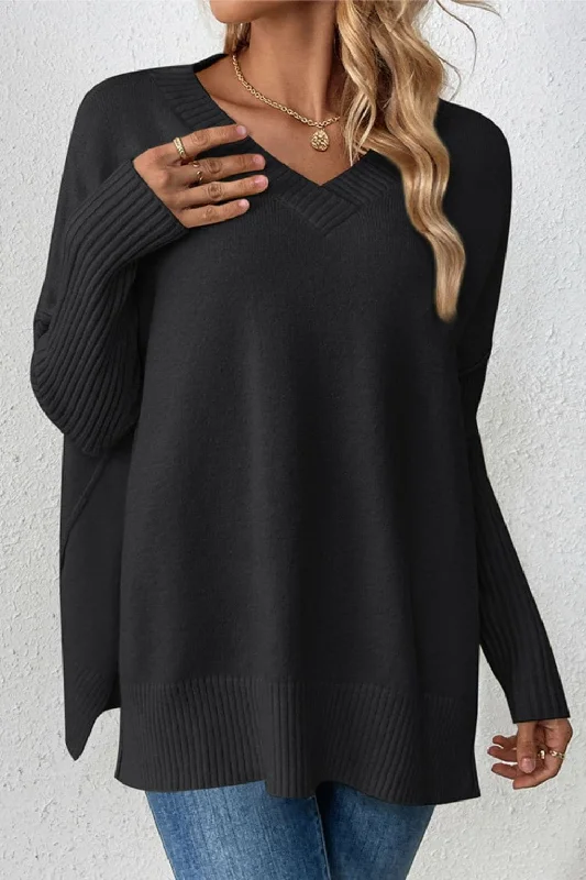 V-neck shoulder sweater with slit detail