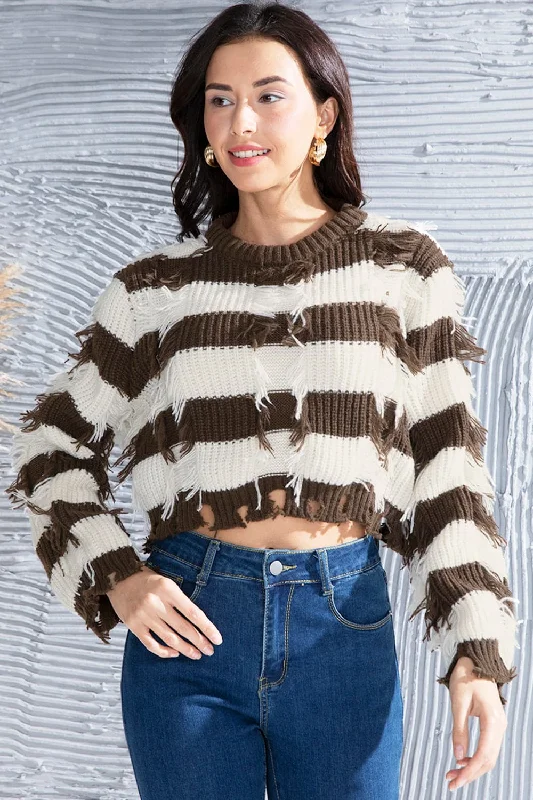 Fringed striped pullover - polyester, sizes S to L