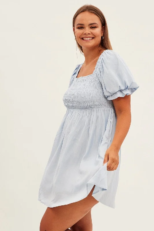 Blue Fit And Flare Dress Short Sleeve Shirred