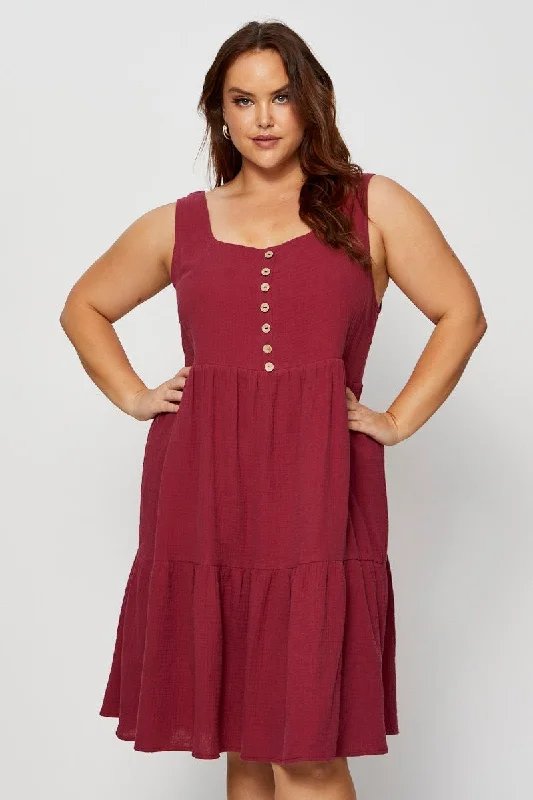 Brown Skater Dress Square Neck Sleeveless Ruffle Hem