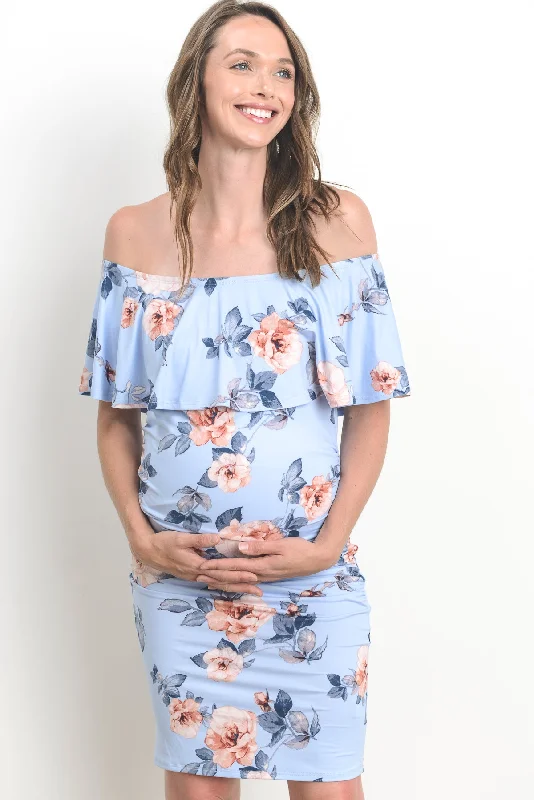 Fitted Floral Off Shoulder Ruffle Maternity Dress