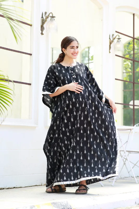 Graceful Black Ikat Maternity & Nursing Kaftan (100% Cotton)